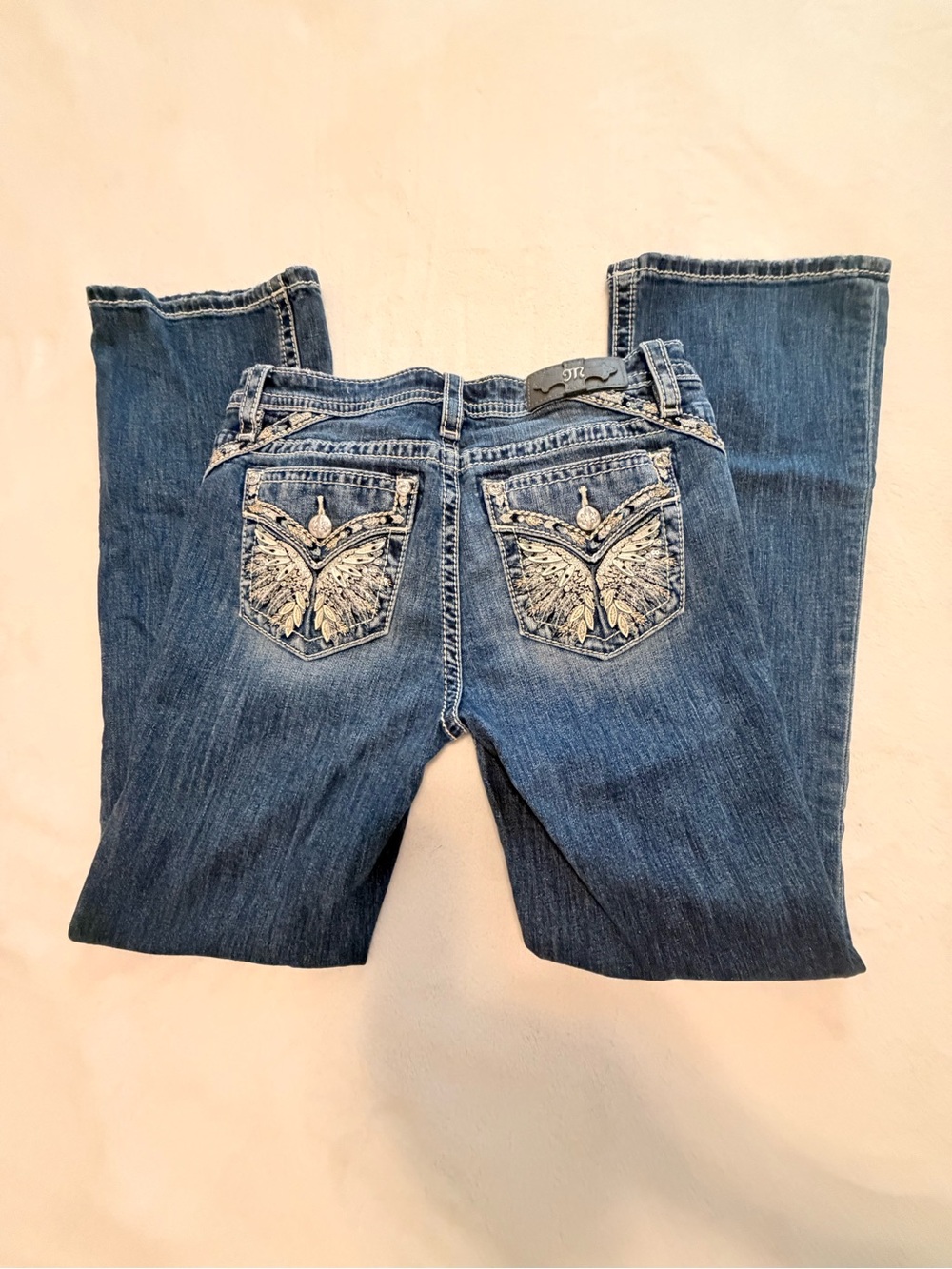 Miss Me Boot Cut Jeans with Embroidered Butterfly Pockets - Blue
